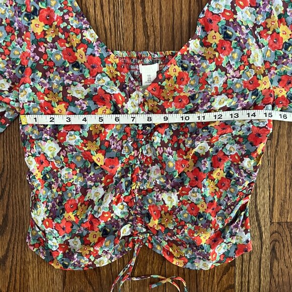 H&M Women's Blouse Viscose Crêpe V-neck Floral Top Drawstring in Front Sz L - Picture 9 of 12